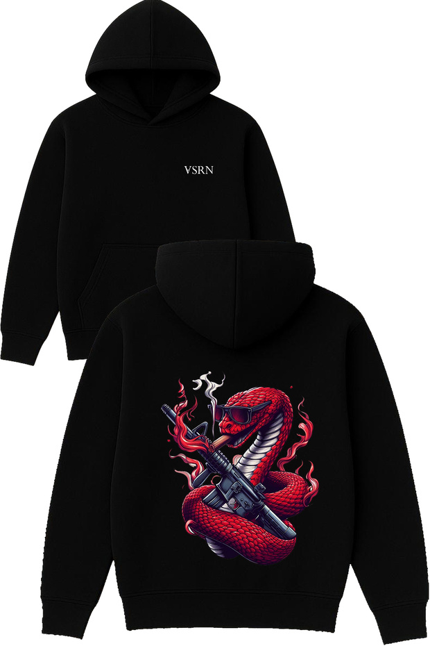 Red Snake Design Printed Oversized Black Hooded Sweatshirt