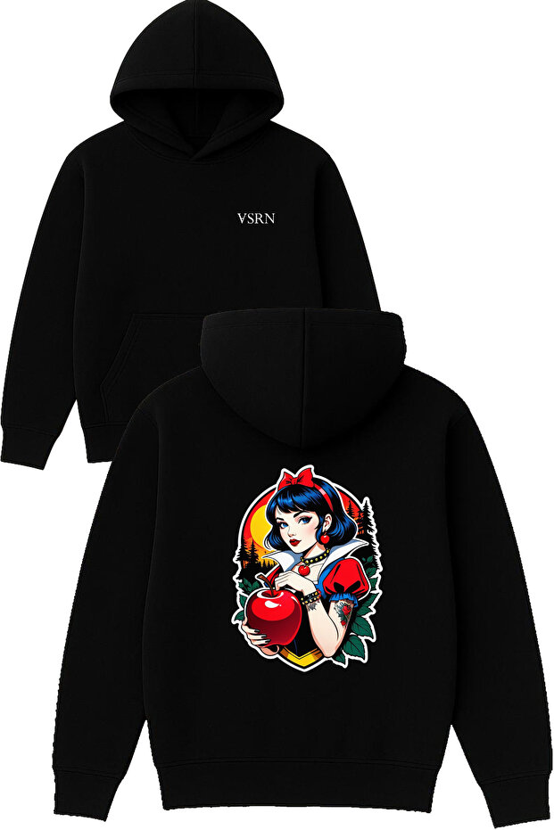 Princess Cotton Design Printed Oversized Black Hooded Sweatshirt