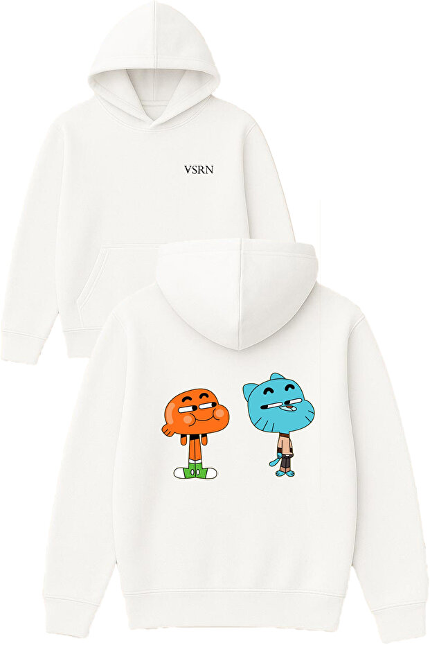 Gumbal Darwin Design Printed Oversized White Hooded Sweatshirt