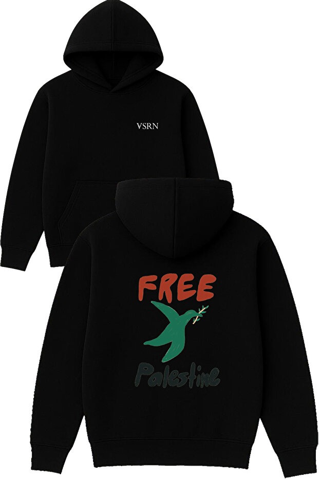 Palestine Bird Design Printed Oversized Black Hooded Sweatshirt