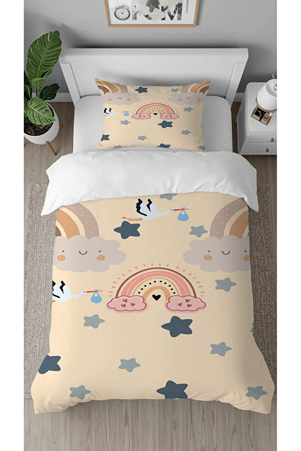 Rainbow Star Stork Patterned Digital Printed Special Design Single Duvet Cover Set Without Sheets