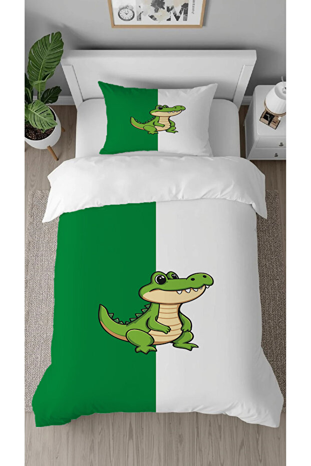 Crocodile Green and White Patterned Printed Special Design Single Style Children's Duvet Cover Set Without Sheets