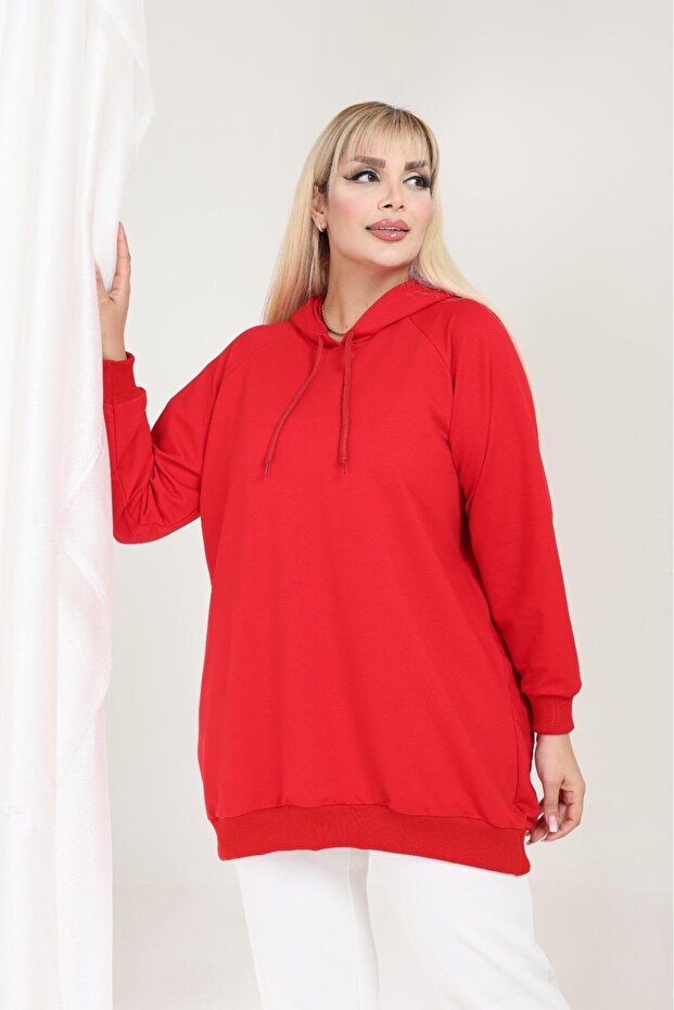 Kapşonlu kırmızı sweatshirt - 1