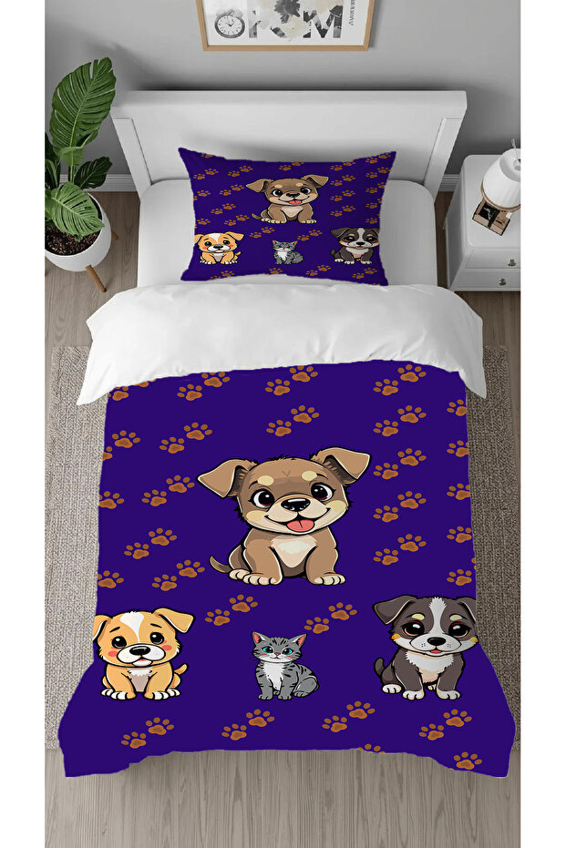 Cute Dog Patterned Digital Printed Special Design Single Stylish Children's Duvet Cover Set Without Sheets