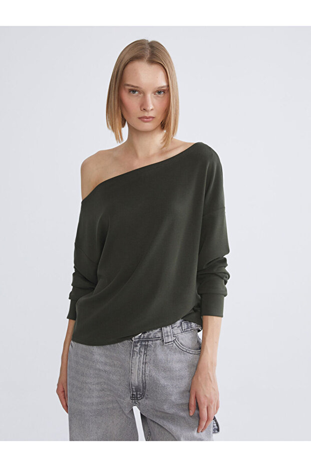 Khaki Boat Neck Women's Sweatshirt