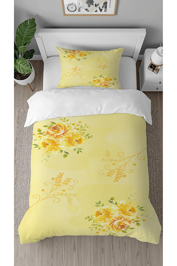 Rose Flowered Yellow Patterned Printed Special Design Single Style Duvet Cover Set Without Sheets