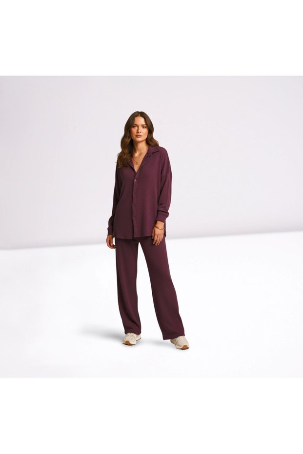 Women's Plum Cotton Wrinkle Suit Shirt and Wide-Leg Pants with Elastic Waist