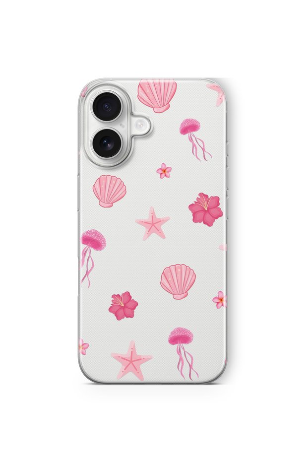 iPhone 16 Compatible Pink Sea Theme Patterned Transparent Phone Case