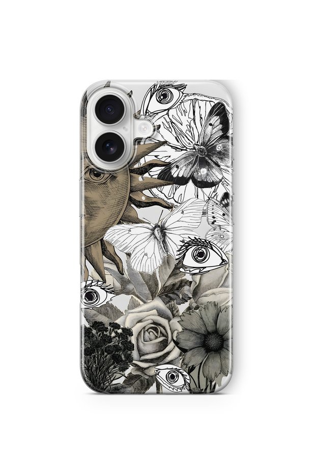 iPhone 17 Compatible Sun and Eye Collage Pattern Transparent Phone Case