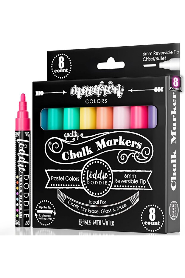 Loddie Doddie Pastel Macaron Liquid Chalk Markers, Erasable, Reversible Chisel & Bullet Tips, 6mm, 8 - 1