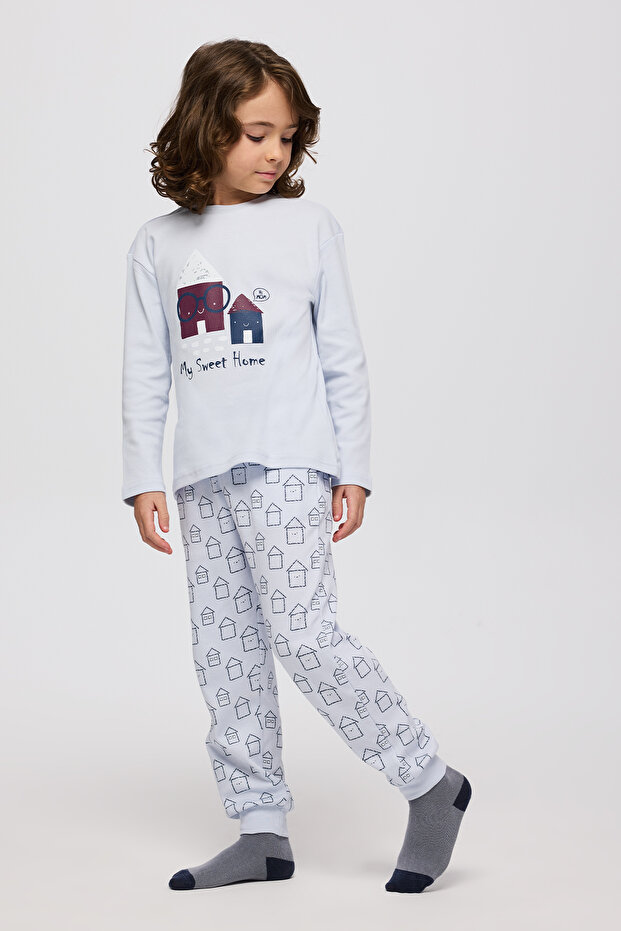Boy's Home Patterned Blue Pajama Set - 1