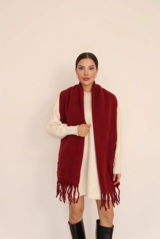 Premium Unisex Buklet Soft Textured Tasseled Women's Scarf Shawl Shoulder Wrap Red