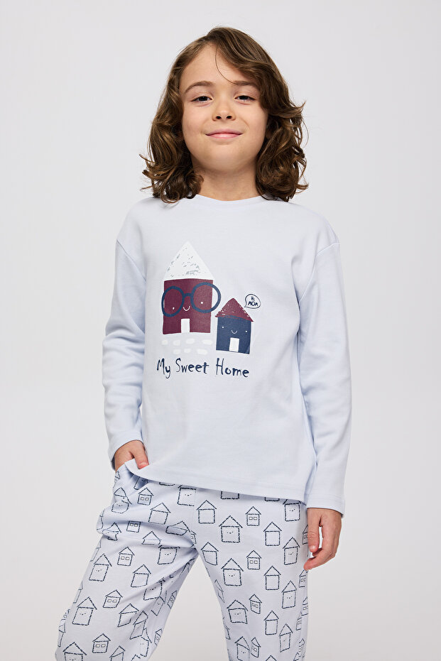 Boy's Home Patterned Blue Pajama Set - 3