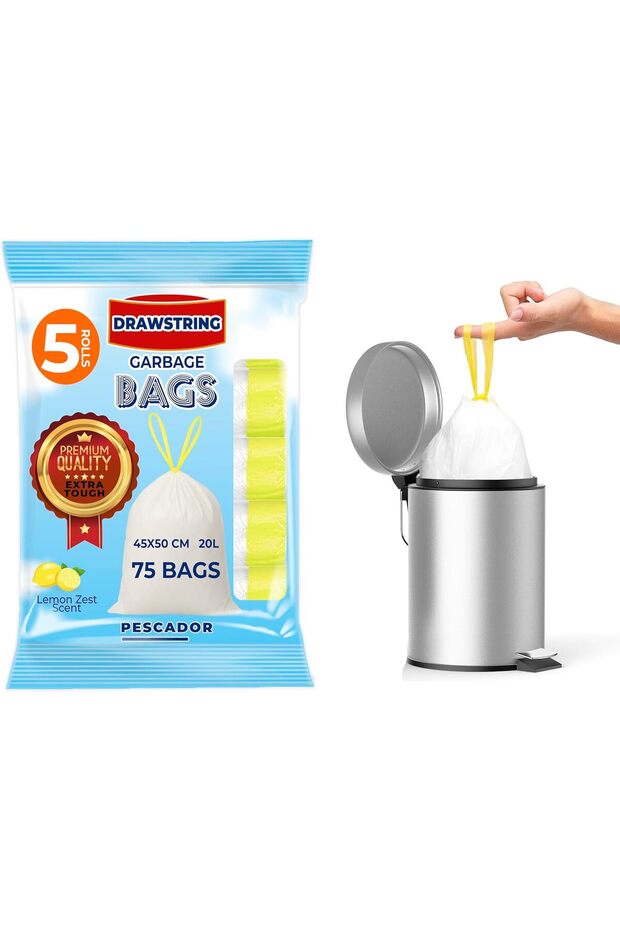 5 Rolls Drawstring Garbage Bags, 20L, Lemon Scented, 75 Pieces