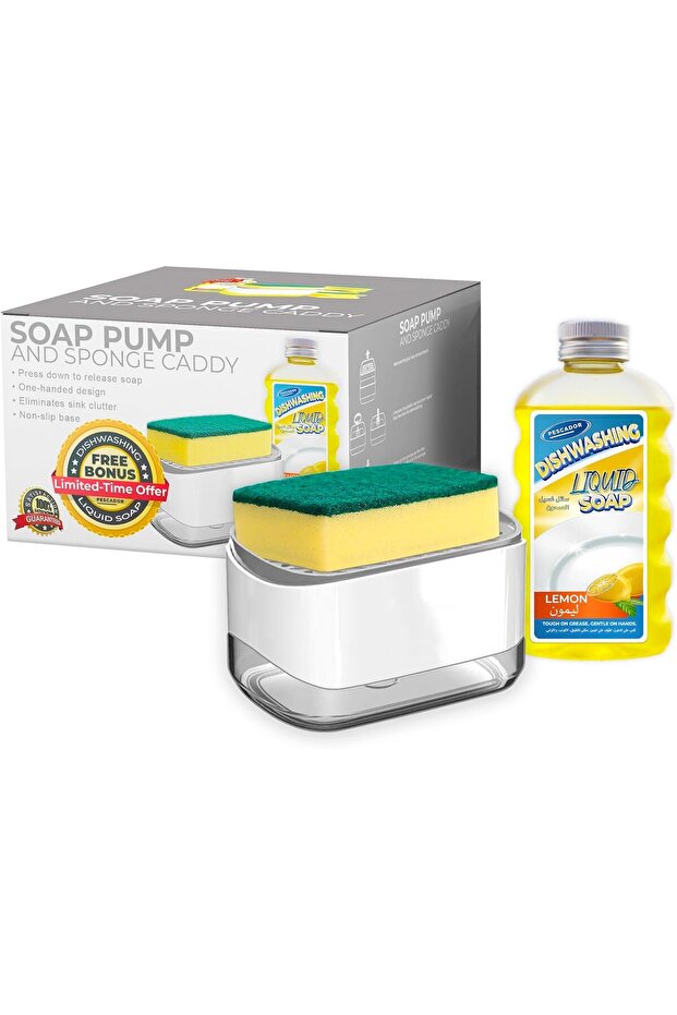Dishwashing Liquid Pump Container with Sponge Holder, 1 pc - White