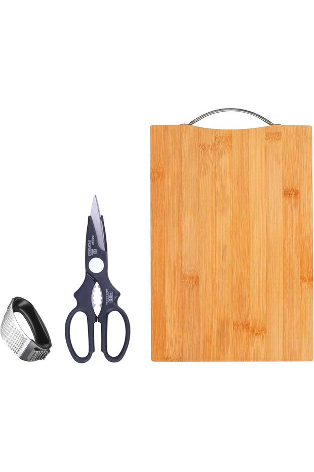 Natural Bamboo Chopping Board Set with Kitchen Scissor & Stainless Steel Garlic Press, 32 x