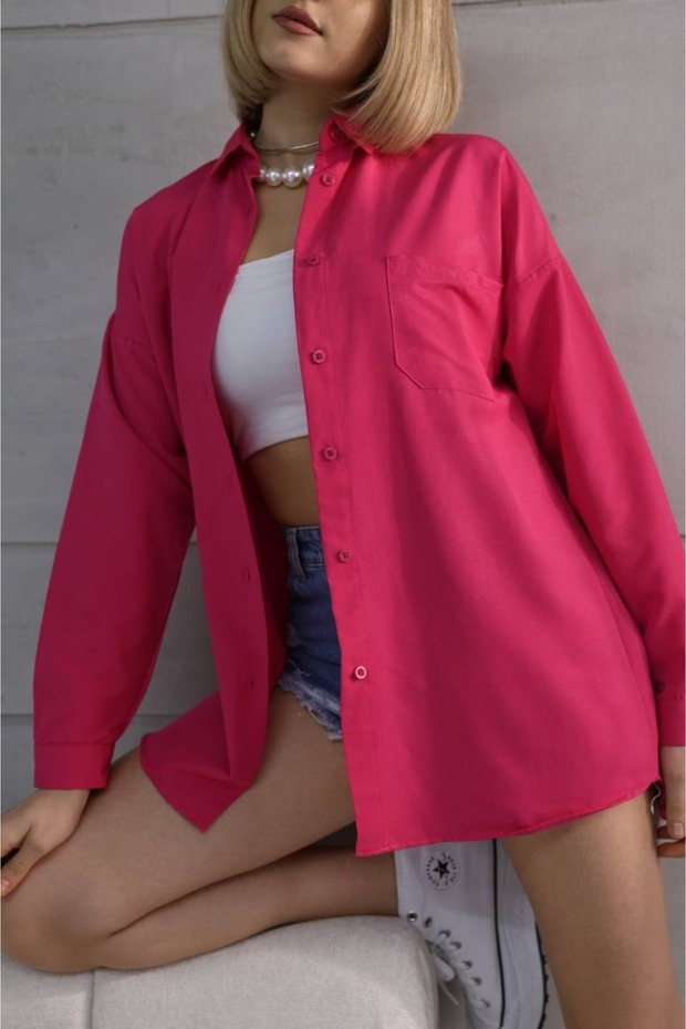 Kadın Tek Cepli Oversize Poplin Gömlek - 2
