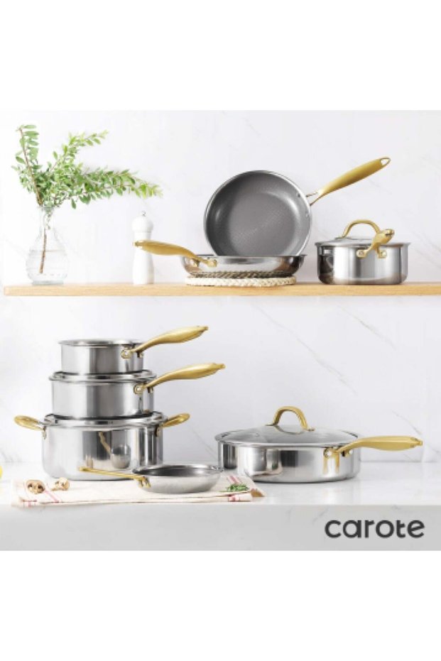 10 Piece Stainless Steel Tri-ply Bottom Cookware Set with Honeycomb Design, Gold Handles, Sil