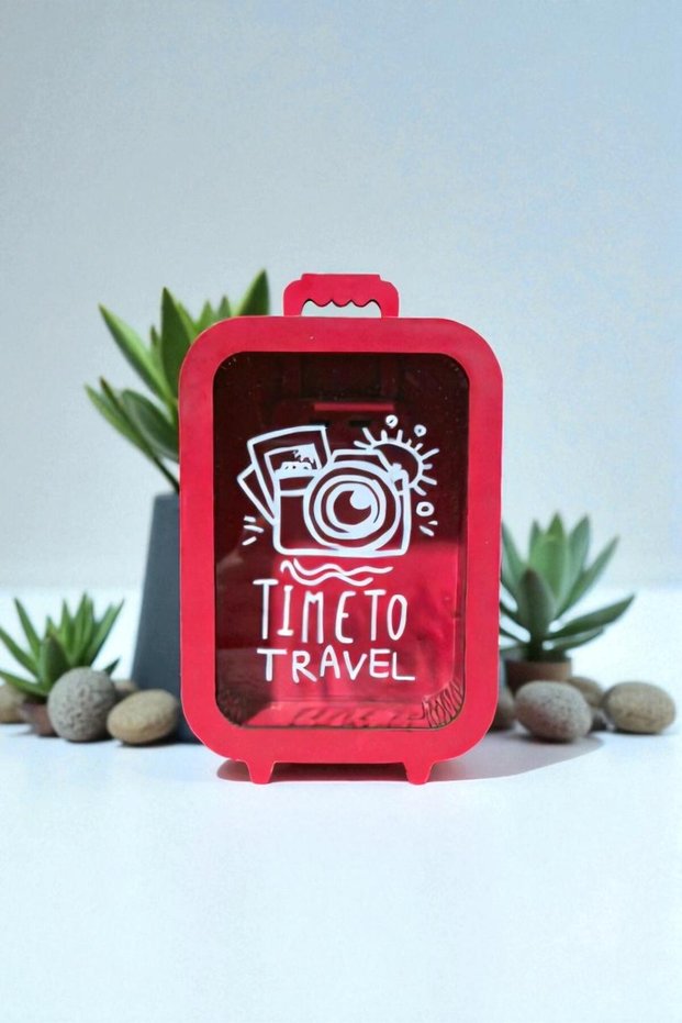 Parabox - 20,000 Tl Piggy Bank - Wooden Money Saving Goal Box - Time to Travel - Red Piggy Bank