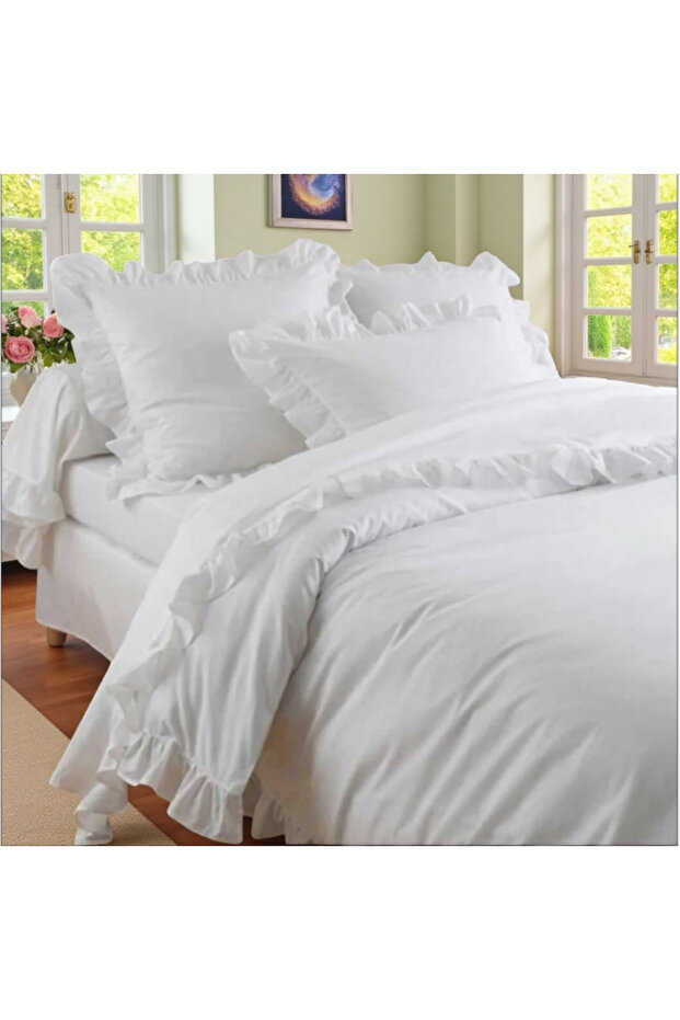 Double Ruffled Duvet Cover and Ruffled 2 Pillowcases | White |