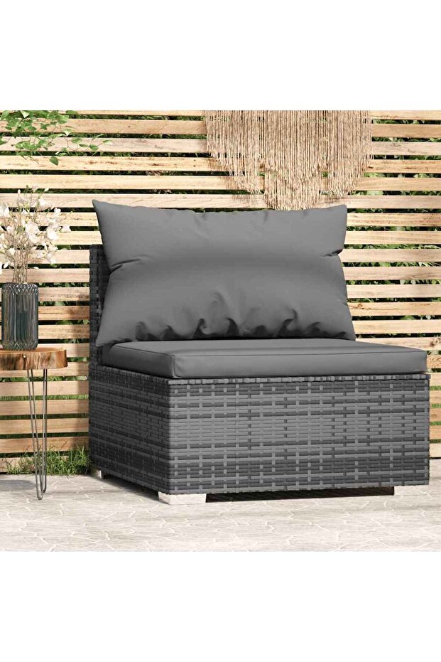 Garden Middle Sofa with Cushions Grey Poly Rattan