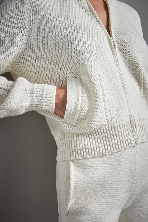 Fermuarlı Ekru Bomber Triko Ceket - 5