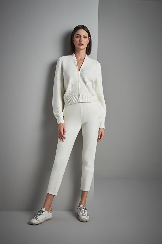 Fermuarlı Ekru Bomber Triko Ceket - 4