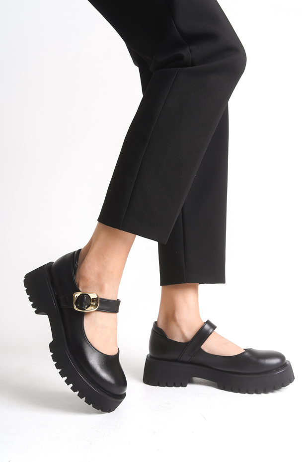 Women's Ballerina Thick Sole Casual Shoes 4061 Black Skin