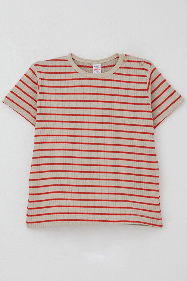 Boy's T-Shirt with Patches and Stripes, Ages 1-4, Beige
