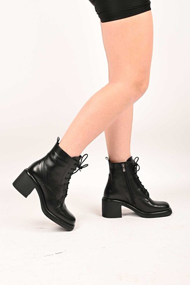 Lace-Up Zippered Thermo Sole Genuine Leather Heeled Boots 336-1233 Women's Boots