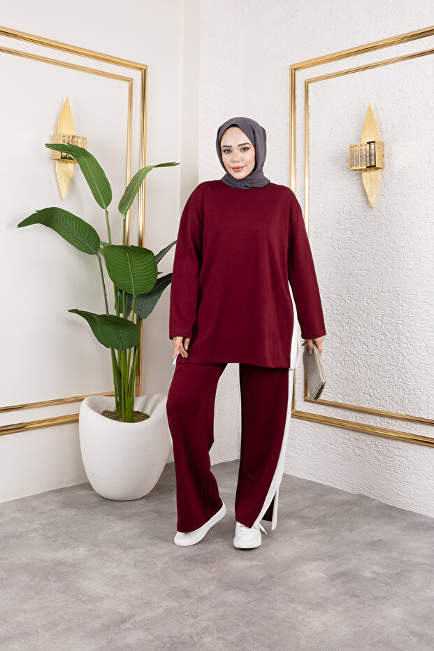 Women's Burgundy Crew Neck Side Stripe and Bottom-Top Two-Piece Set with Trouser Pockets
