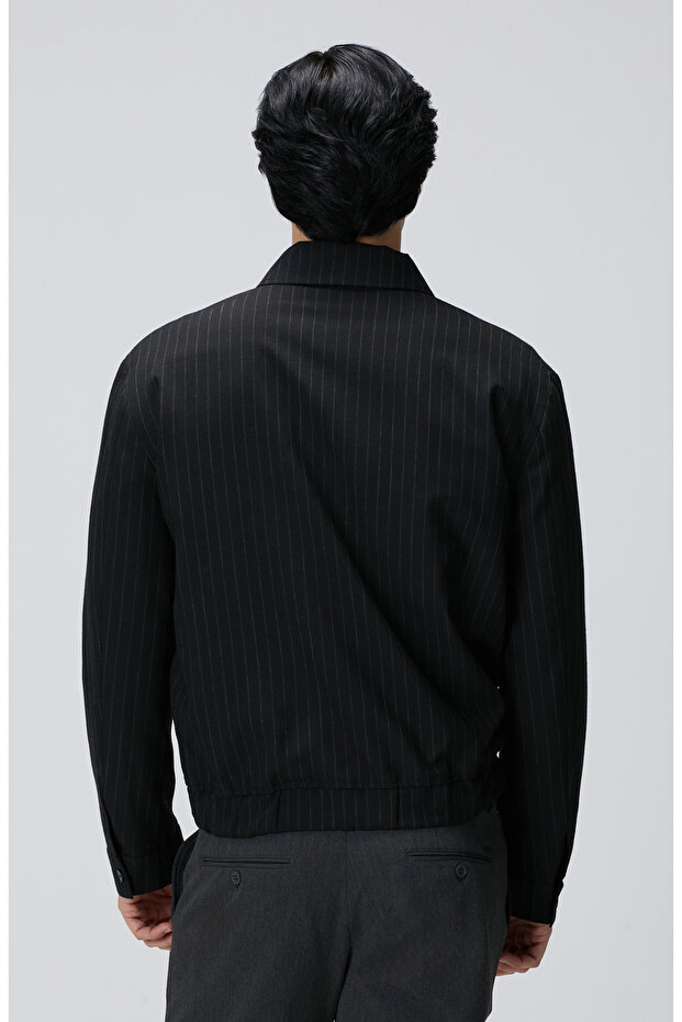 Siyah Çizgili Yün Mont - 6