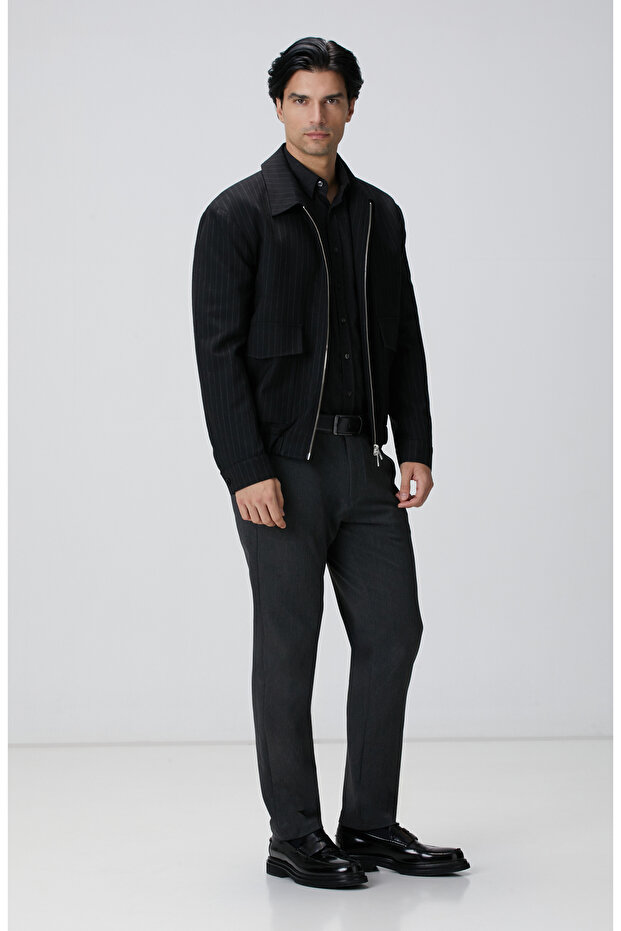 Siyah Çizgili Yün Mont - 3