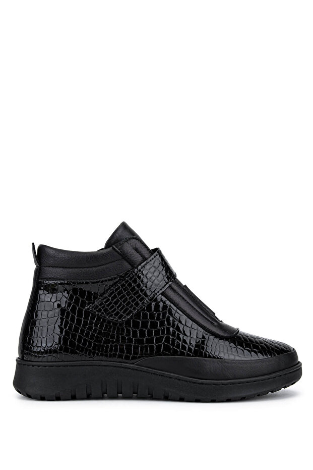 Women's Genuine Leather Black Patent Leather Crocodile Boots