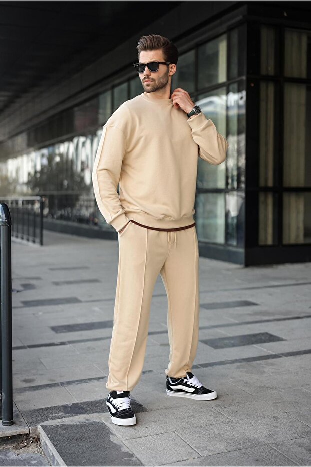 Bej Bisiklet Yaka Basic Erkek Eşofman Takımı E7323 - 2