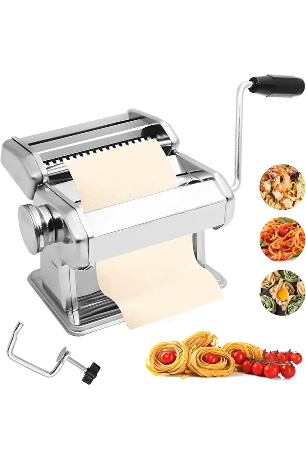 Pasta Machine, Stainless Steel Manual Roller with 8 Adjustable Thickness and 2 Noodle Cutters
