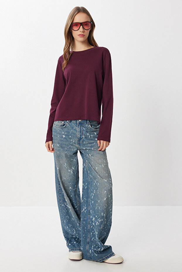 Basic Pamuklu Örme Bluz LUB0271 MÜRDÜM - 3