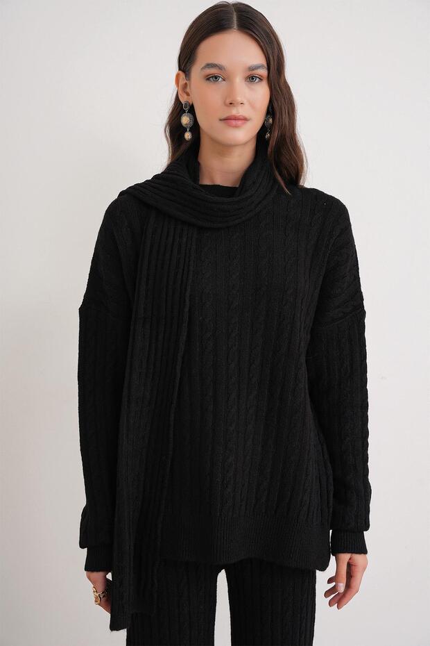 6970 Women's Braided Scarf Knitwear Set Black