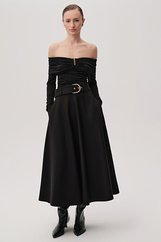 Regular Fit Midi Black Skirt with Belt Detail and Pockets