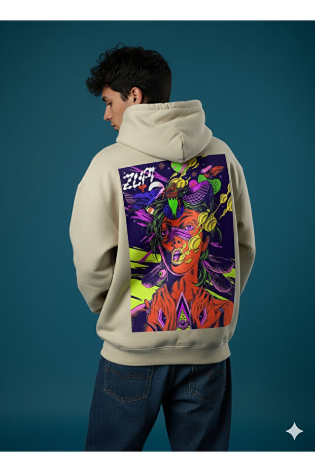 Lenithra Psychedelic Sırt Printed Unisex Oversized Beige Hoodie