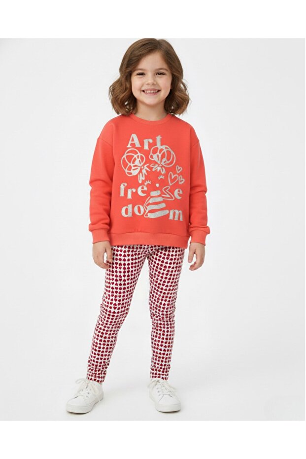 Girl's Heart Printed Tights, Transitional , 2-10 Years Old Sweatshirt Bottom Top Tights Set
