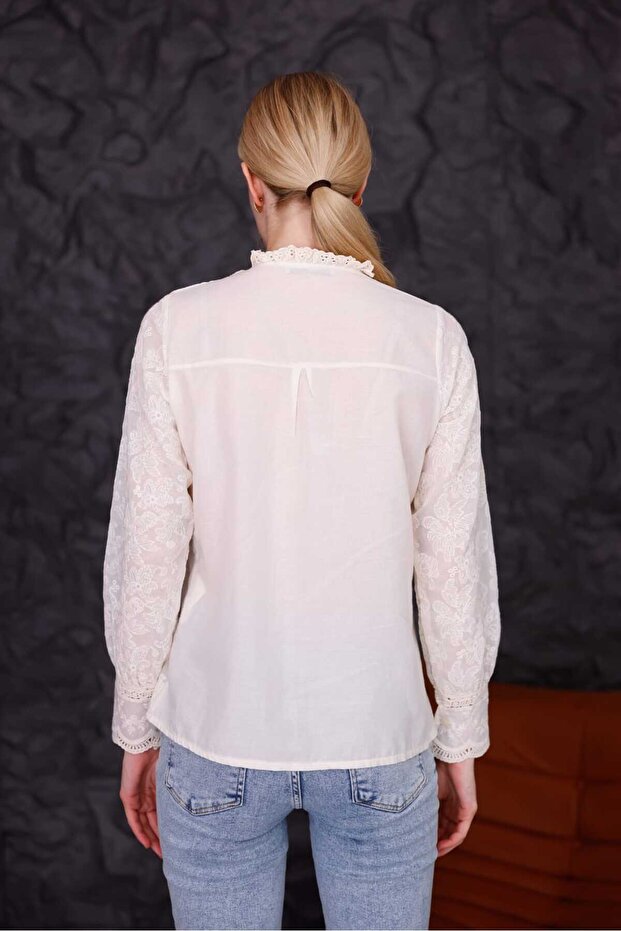 Bohem Dantelli Düğmeli Gömlek | Vintage Görünüm - 6
