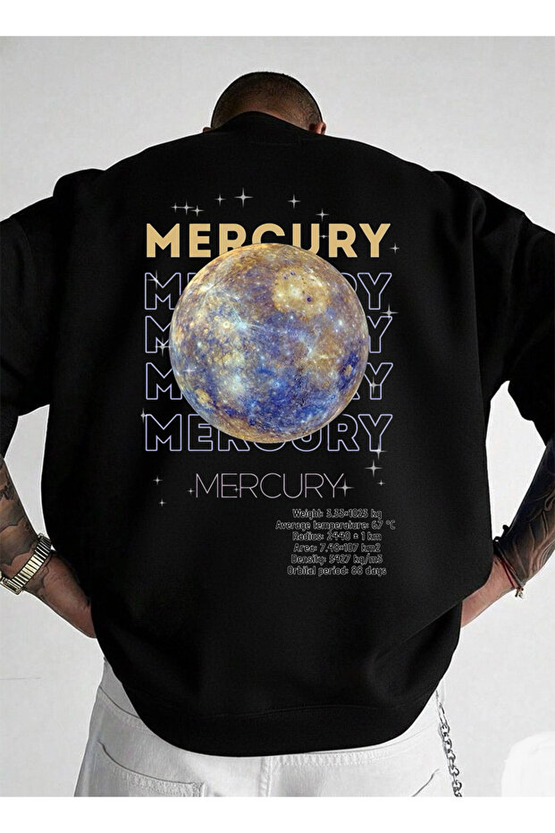 سويت شيرت للجنسين قصة فضفاضة برقبة دائرية مطبوع عليه MERCURY