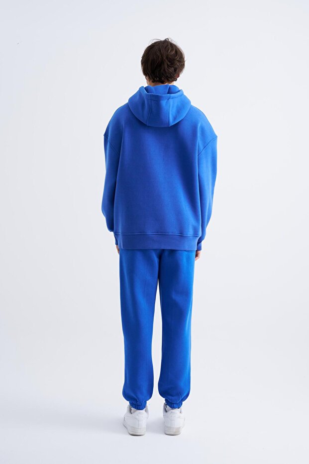 Erkek Basic Kapüşonlu Oversize Saks Sweatshirt - 5