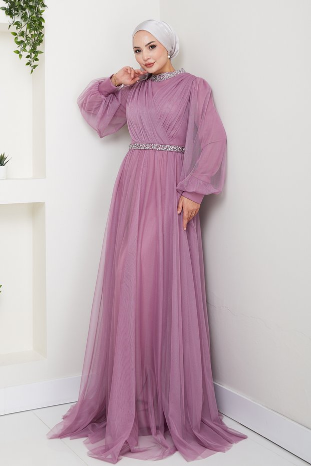 Plus Size Hijab Evening Dress with Stone Detail on Neck and Waist Esna