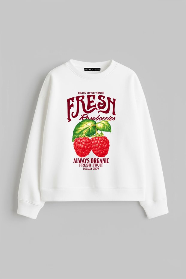 Fresh Raspberry Printed Hoodless Relaxed Fit Women's White Sweatshirt