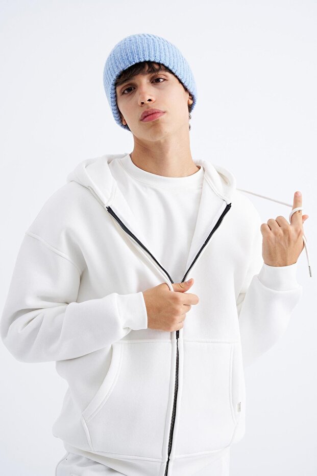 Oversize Fermuarlı Cepli Kapüşonlu Basic Sweatshirt ECRU - 2