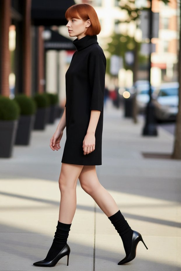 Women's Turtleneck Shift Fit Low Sleeve Three Quarter Length Mini Knitted Dress Winter Stylish for Everyday Outfits