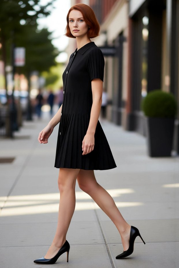 Women's Polo Neck a Line Short Sleeve Corded Fabric Skater Dress Modern Knitwear Textured Ideal for Casual Wear