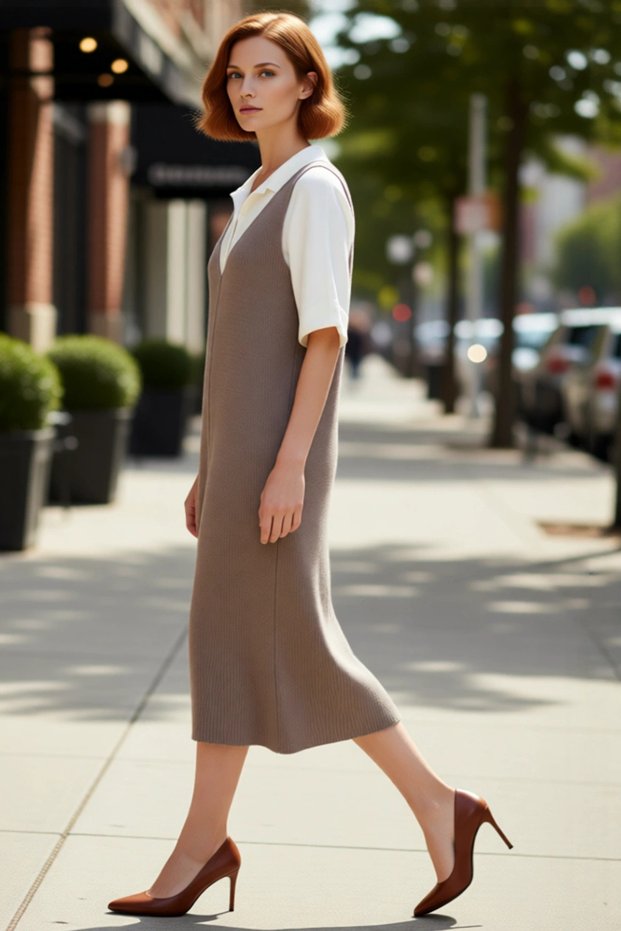 Women's Grey Jile Knitwear Dress Midi Length V-Neck Sleeveless Relaxed Fit Spring Autumn Everyday Elegance